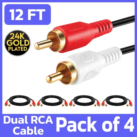 OPAL- 4 Pack Dual Rca Cable 12 Feet Stereo Audio Red White Cord 2 Male To 2 Male