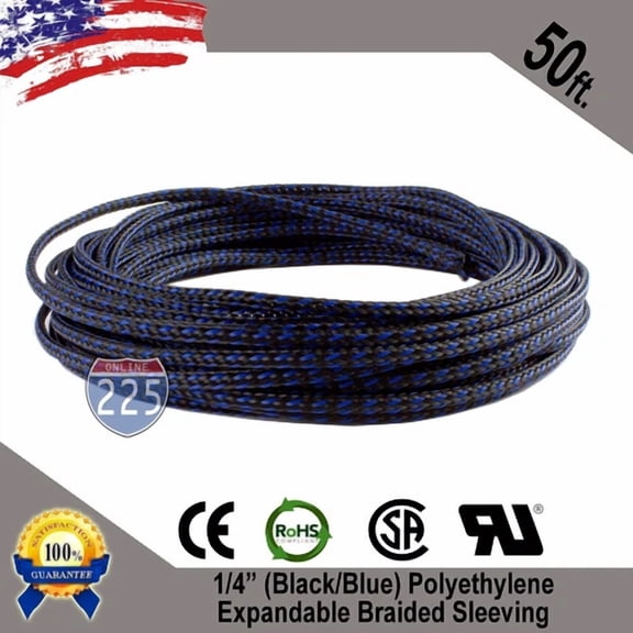 OPAL- 50 Ft 1/4" Black Blue Expandable Wire Sleeving Sheathing Braided Loom Tubing Us