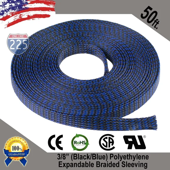 OPAL- 50 Ft 3/8" Black Blue Expandable Wire Sleeving Sheathing Braided Loom Tubing Us