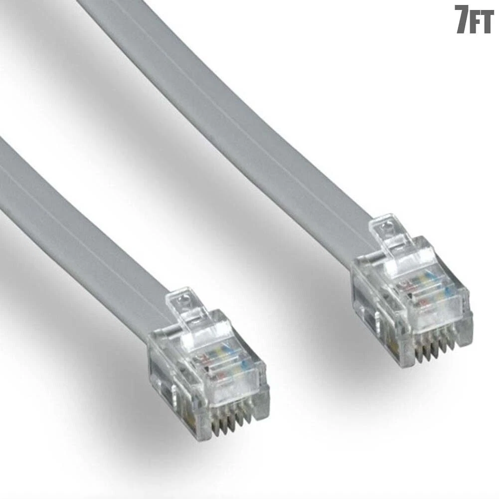 OPAL- 7Ft Rj11 6P4C Straight 4 Conductor Flat Silver Phone Line Cable Cord For Data