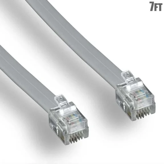 OPAL- 7Ft Rj11 6P4C Straight 4 Conductor Flat Silver Phone Line Cable Cord For Data