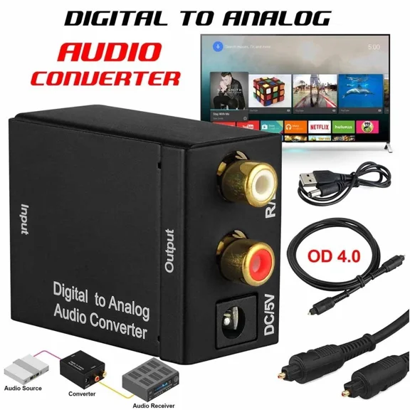 OPAL- Digital Optical Coax To Analog Rca L/R Audio Adapter W/Fiber Cable For Tv Dvd Us