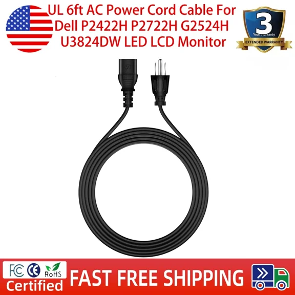 OPAL- Ul 6Ft Ac Power Cord Cable For Dell P2422H P2722H G2524H U3824Dw Led Lcd Monitor