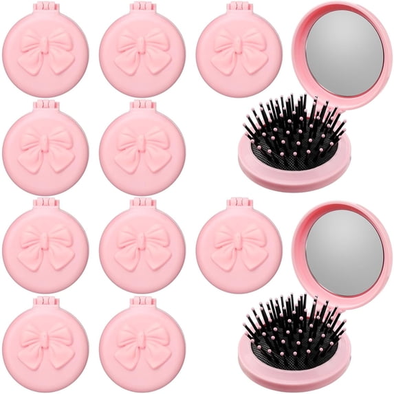 OPALESQUE 12 Pcs Pink Coquette Bow Mini Hair Brushes Folding Mirror Coquette Detangler Brush Bulk Round Compact Massage Scalp Comb for Purse Women Travel Team Gifts Trendy Stuff Party Favors