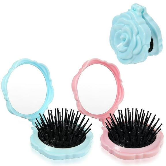 OPALESQUE 2 Pack Rose Folding Hair Brush with Mirror, Compact Travel Size Folding Hair Brush for Purse Roses Mini Pocket Mirror Brushes, Portable Brushes Mini Pocket Mirrors Massage Comb for Women