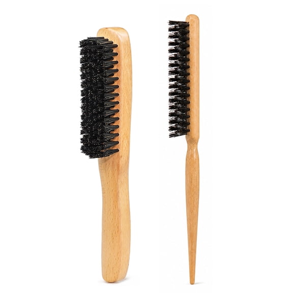 OPALESQUE 2 Pack Wooden Hair Brush Set, Beech Wood Boar Bristle Brush and 3 Row Styling Comb for Smoothing, Parting, Edges, Wigs, Braids and Daily Hair Styling