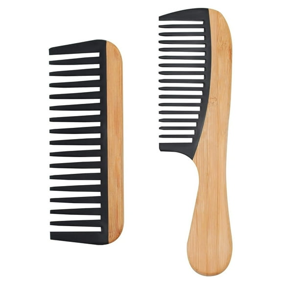 OPALESQUE 2 Pcs Bamboo Wide Tooth Comb Set - Wooden Wide Tooth Comb for Women, Anti-Static Detangling Hair Comb for Curly/Wet/Thick Hair with Bakelite Teeth