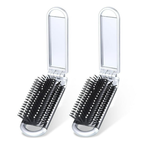 OPALESQUE 2 Pcs Foldable Hair Brush, Portable Travel Hair Brush With Mini Mirror Lightweight Mini Compact Brush for Gym, Trip, Swimming, Cosmetic bag, Purse