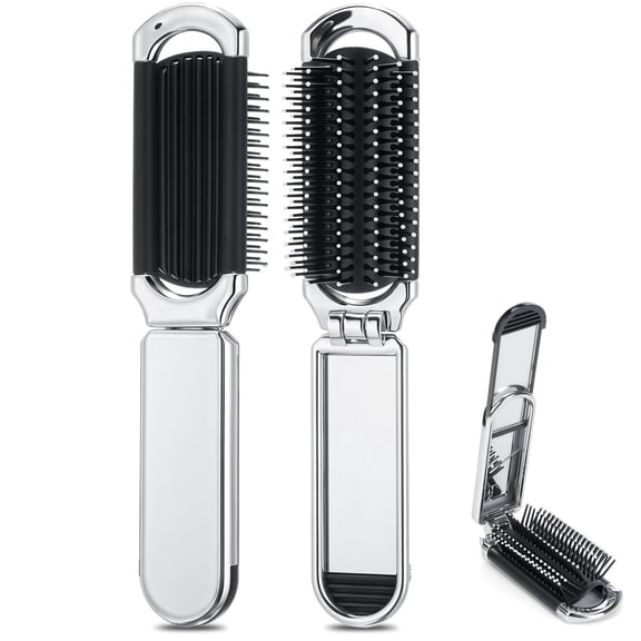 OPALESQUE 2 Pcs Folding Hair Brush with Mirror Portable Mini Hair Brush Small Compact Pocket Comb for Family Travel Car Gym Wig Bag Purse Gift (Silver)
