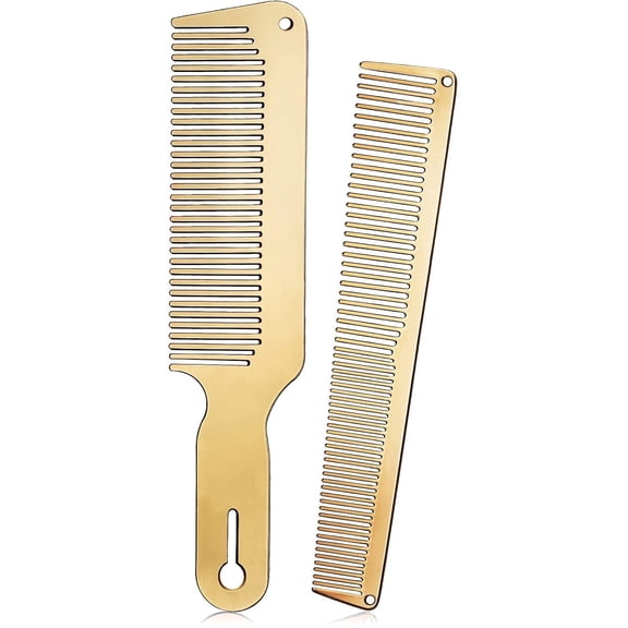 OPALESQUE 2 Pcs Stainless Steel Comb for Men, Metal Fine Tooth Flat Top Clipper Comb Set for Men Women Barber Salon, 2 Styles(Gold)