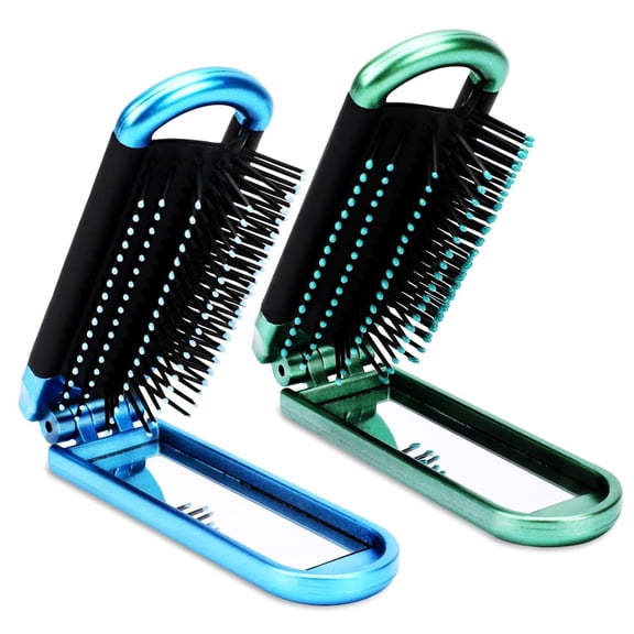 OPALESQUE 2 Pcs Travel Hair Brush, Folding Hair Brush with Mini Mirror, Compact Hair Brushes Hair Styling Tools for Gym, Trip, Purse, Swimming, green & blue