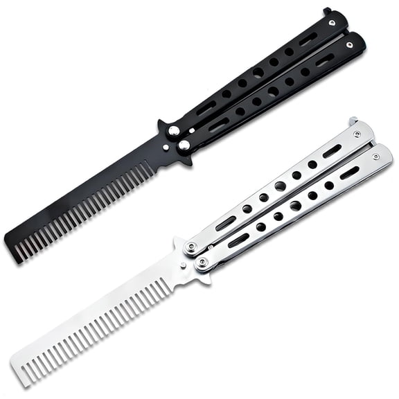 OPALESQUE 2 Pieces Stainless Steel Folding Practice Combs Available in Black and Silver, Foldable Hair Styling Tools for Sports and Outdoor Use, Silver+Black