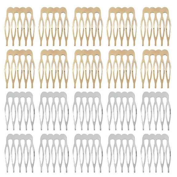 OPALESQUE 20 Pack Hair Side Combs - 5 Teeth Small Metal Crafting DIY Slide Combs for Fine Hair, Bridal Wedding Veil - Silver and Gold
