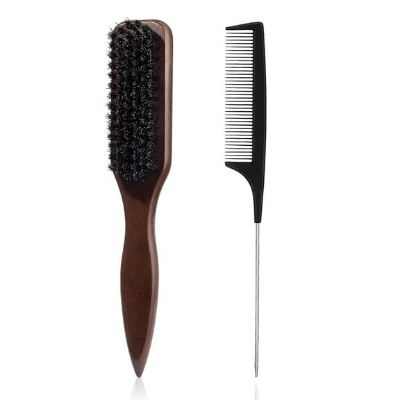 OPALESQUE 2PCS Slick Back Hair Brush, Teasing Comb Styling Edge Control Brush for Sleek Hair, Nature Boar Bristle with Wooden Handle Smoothing Hair Brush Wide Rat Tail for Women Hair & Men Beard