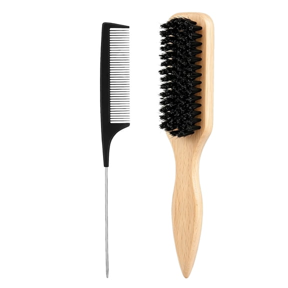OPALESQUE 2PCS Slick Back Hair Brush, Teasing Comb Styling Edge Control Brush for Sleek Hair, Nature Boar Bristle with Wooden Handle Smoothing Hair Brush Wide Rat Tail for Women Hair & Men Beard