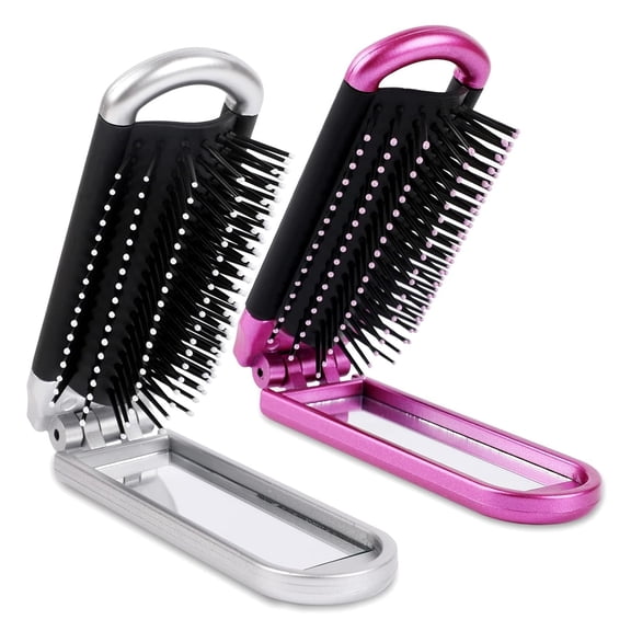 OPALESQUE 2PCS Travel Hair Brush, Folding Hair Brush with Mirror, Compact Hair Comb, Portable, Collapsible Pocket Brush, Small, for Women, Silver & Purple