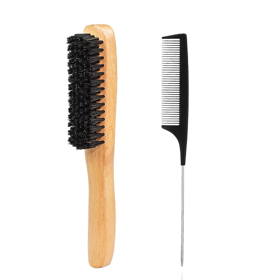 OPALESQUE 2pcs Edge Control Hair Brush and Rat Tail Comb Set, Natural Boar Bristle Wooden Handle Styling Brush with Fine Tooth Parting Comb for Edges, Wigs, Braids, Curly Hair