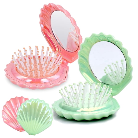OPALESQUE 2pcs Metallic Shinning Finish Shell Shape Folding Travel Hair Brush Compact Brush with Mirror,Mini Hair Brush Portable Cute Pocket Massage Comb for Women (Pink + Green)