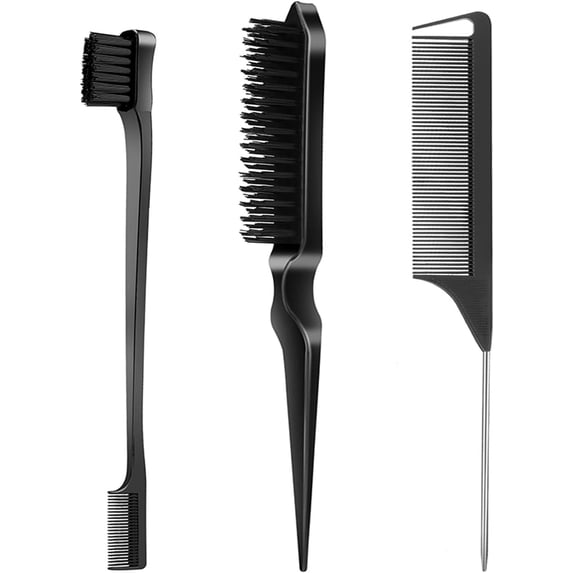 OPALESQUE 3 Pcs Slick Back Hair Brush Set with Edge Brush, Bristle Brush, Rat Tail Comb, Teasing Brush Set for Smoothing Baby Hair & Flyaways - Black