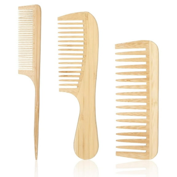 OPALESQUE 3PCS Natural Handmade Bamboo Anti-Static Combs Set - Wide Tooth, Rat Tail and Fine Tooth, Natural Wooden combs for Hair, Beard, Travel-Friendly, Hand Polished