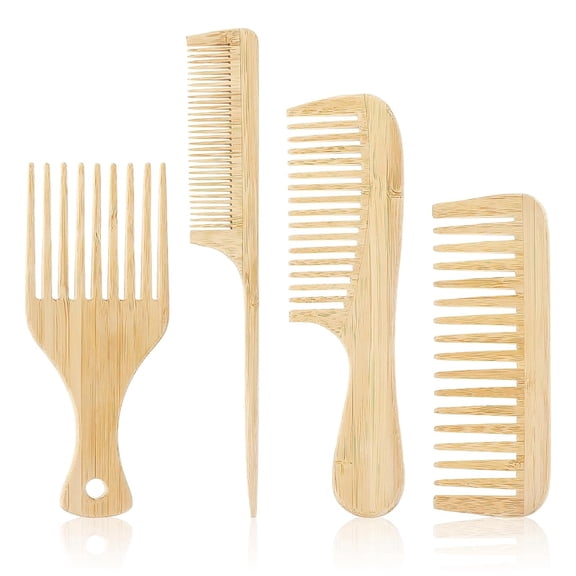 OPALESQUE 4PCS Bamboo Comb Set Natural Anti-Static Wooden Pick for Thick Curly Hair Wooden Wide Tooth Hair Comb Ideal for Men and Women Travel-Friendly