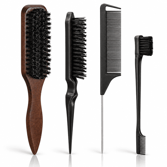 OPALESQUE 4 Pack Boar Bristle Slick Back Hair Brush Set with Edge Brush, Rat Tail Comb and Styling Brush for Men and Women, for Smoothing Flyaways, Sleek Ponytails, Buns and Daily Hair Styling