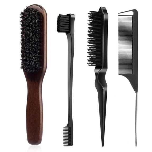 OPALESQUE 4pcs Natural Boar Bristle Slick Back Hair Brush for Smooth Flyaways, Frizz, Sleek Ponytail, Buns and Edge Baby Hair, Teasing Hair Comb, Edge Brush, Wood Handle, for Women & Men