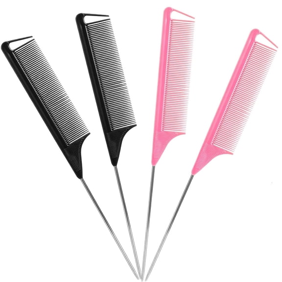OPALESQUE 4pcs Rat Tail CombParting Comb, Metal Long Steel Pin Rat Tail Combs setCombs for Hair StylistHair Combs for WomenBlackPink