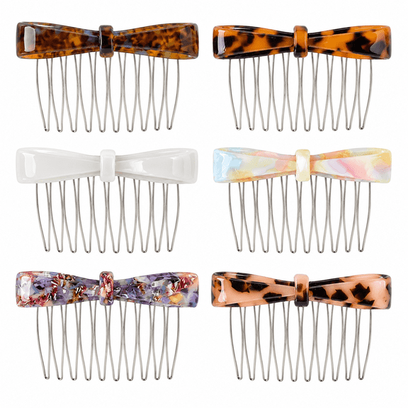 OPALESQUE 6 Pack Acetate Bow Side Combs for Women, French Style Hair Accessories, Lightweight Decorative Hair Combs, 7 x 5 cm, 6 Colors