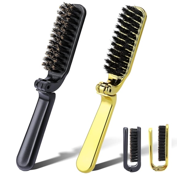 OPALESQUE Foldable Boar Bristle Hair Brush, 2 Pcs Travel Folding Collapsable Pocket Size Brush for Women, Anti-Static Range Styling Tool Mini Beard Brush for Men (Black & Gold)