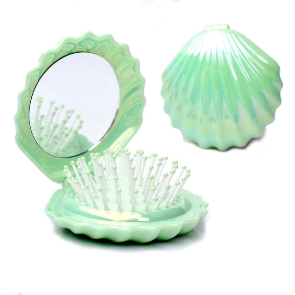 OPALESQUE Foldable Travel Hair Brushes with Mirror Shell Shape,Metallic Shinning, Portable Pocket Hair Brush, Mini Hair Comb Compact Size, 7.5x8cm,Gifts for Girls women