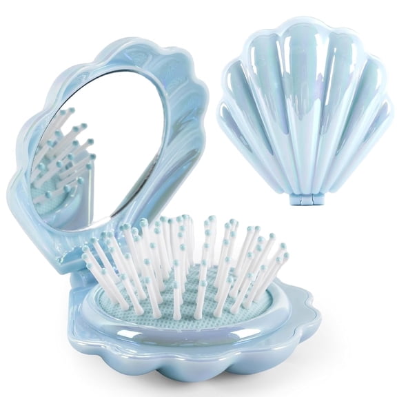 OPALESQUE Metallic Shinning Finish Foldable Travel Hair Brushes with Mirror Shell Shape Portable Folding Pocket Hairbrush Mini Hair Comb Purse Compact Size(blue)