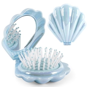 OPALESQUE Metallic Shinning Finish Foldable Travel Hair Brushes with Mirror Shell Shape Portable Folding Pocket Hairbrush Mini Hair Comb Purse Compact Size(blue)