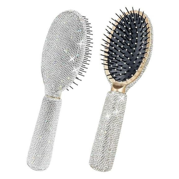 OPALESQUE Rhinestone Hair Brush,Sparkle Compact Comb, Bling Detangle Massage brushes with Air Cushion, for Women Wet Dry hair,for family friends gift Silver