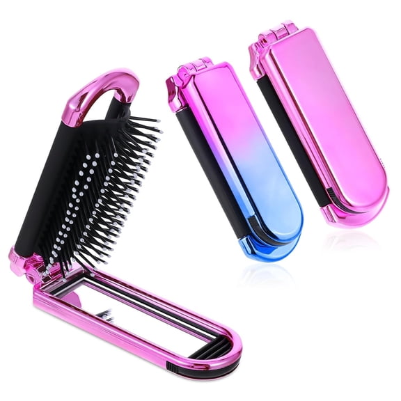 OPALESQUE Travel Hair Brush with Mirror,2 Pack Folding Hair Brush Travel Size Hair Massage Comb Compact Hair Brush Foldable Pocket Hairbrush for Women and Men, Hair Styling Tools (Pink & Gradient)