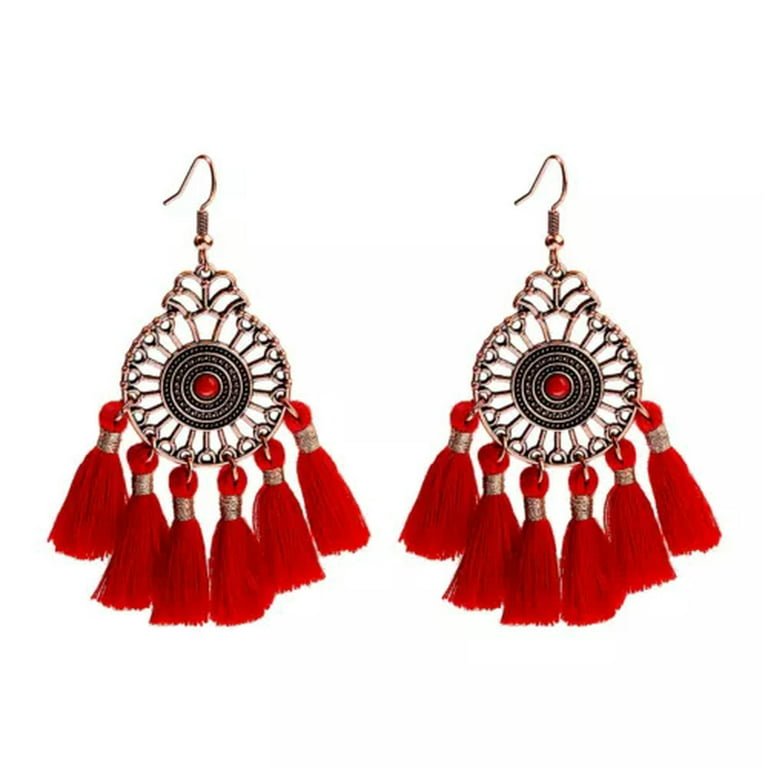 OPALRY Chic Vintage Bohemian Boho Red Tassel Dangle Wooden Hook Women Ethnic Earrings Walmart