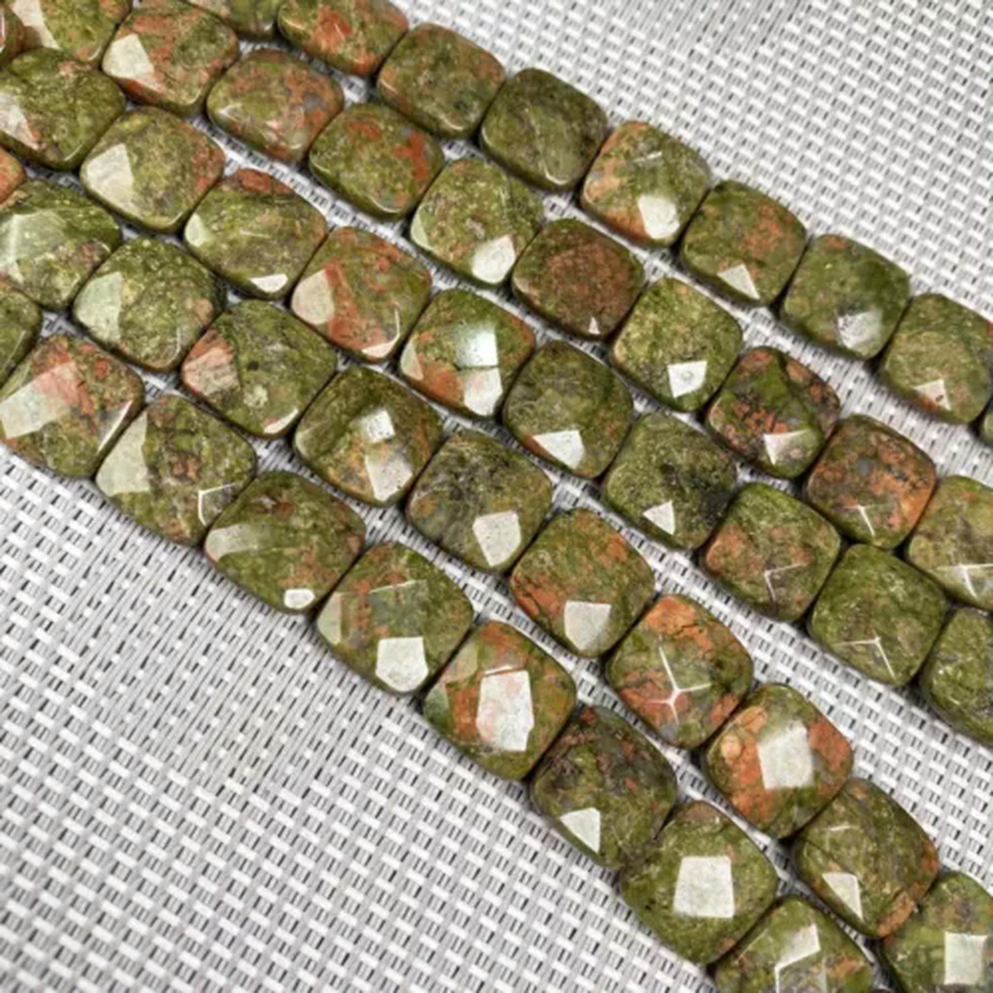 Natural Unakite Gemstone Beads 10mm - Faceted Coin Beads For Jewelry Making With Elastic Cord (2 Strands)
