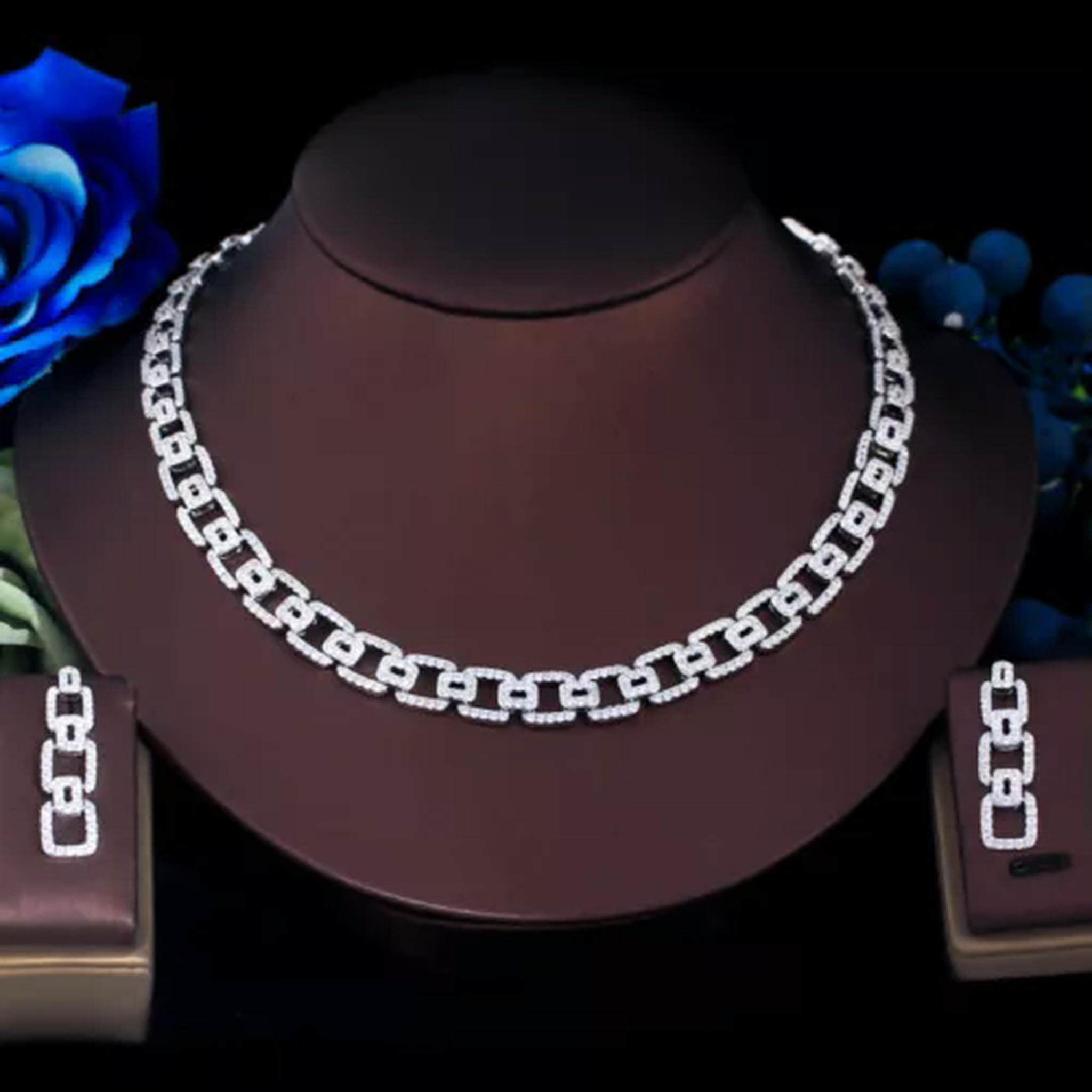 OPALRY Silver Plated Cubic Zircon Paved Link Chain Necklace Earrings