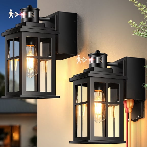 OPAXIS Motion Sensor Porch Lights Outdoor with GFCI Outlet, 2 Pack Distance and Time Adjustable Outdoor Light Fixture Wall Mount, Black Exterior Lighting Fixtures for House, Patio, Garage