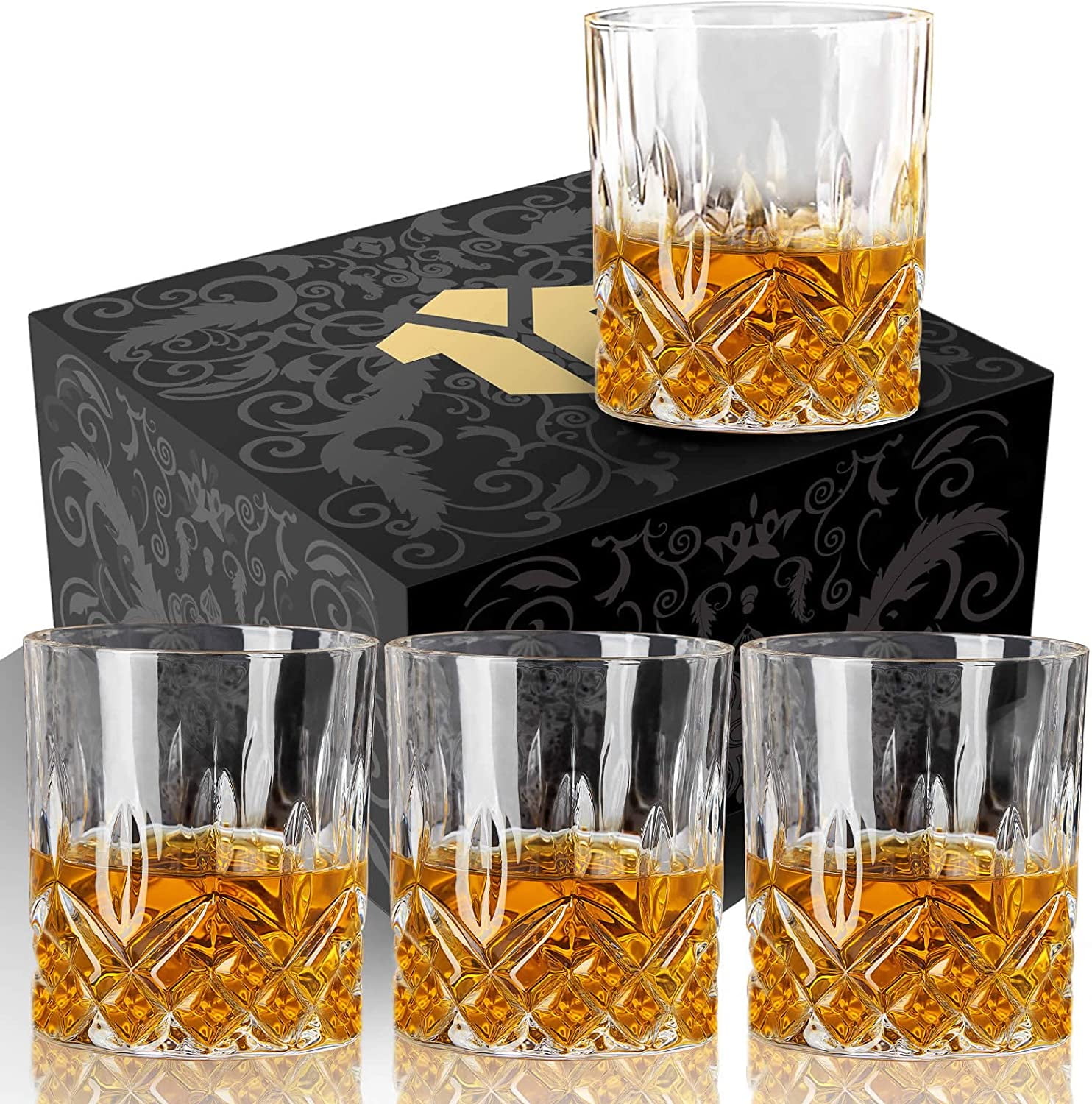 Whiskey Glasses – Rotatable Drinking Glasses Set of 2 – 11oz Rocks Glass Set  – Old-Fashioned Glass Set for tequila , Bourbon, Scotch – Crystal Glassware  Set for Bar, Home(Vertical Stripes) 