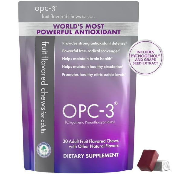OPC-3® Chews - Pycnogenol, Grape Seed, Red Wine & Bilberry Extracts - Supports Cardiovascular Health, Vision, Skin & Joint Flexibility - Powerful Free-Radical Scavenger, Gluten-Free, Vegan - 30 Chews