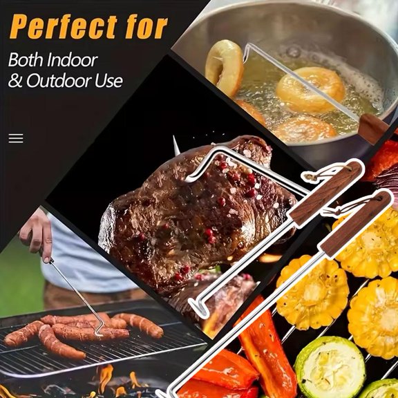 OPDBN Large + Small Stainless Steel 201 Meat Hook Rosewood Handle Grilled Skewer Barbecue Hook Home Barbecue Hook Outdoor Bbq Barbecue