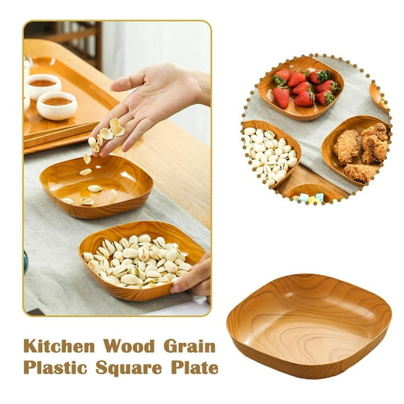 OPDBN Kitchen Wood Grain Plastic Square Plate Dried Fruit Cake Snack Plates Fruit