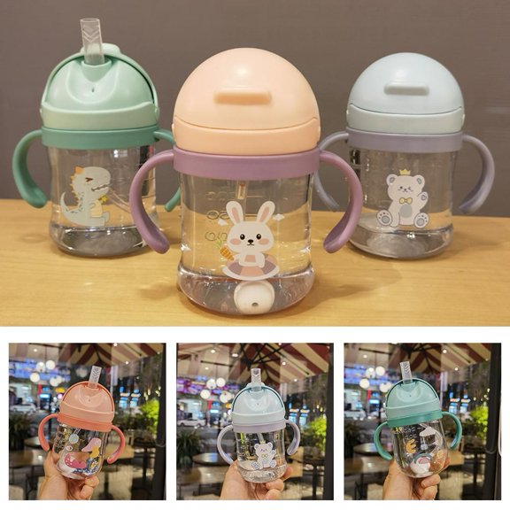 OPDBN Pink Cat Ears 250ml Infant Bite Nozzle Learning Drinking Cup Cute Cartoon Baby Anti-Choking Gravity Ball Straw Cup Handle Cup
