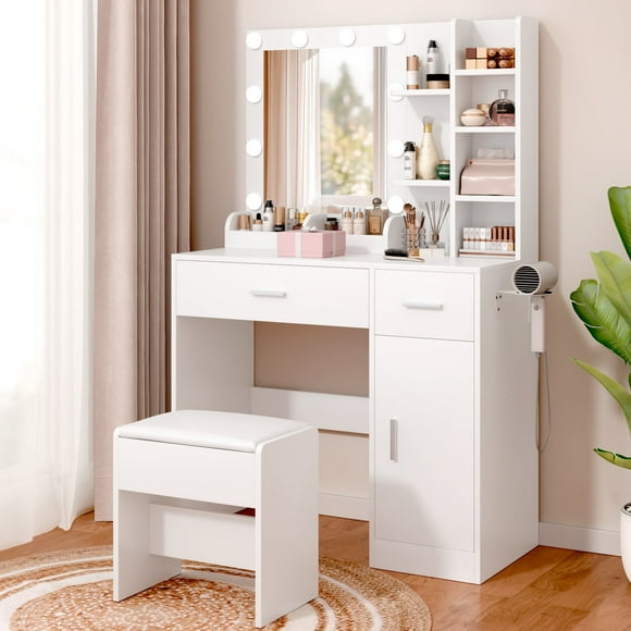 OPENAIRCOMFORT Vanity Desk with Mirror and Lights,Power Outlet, Modern Makeup Table for Bedroom