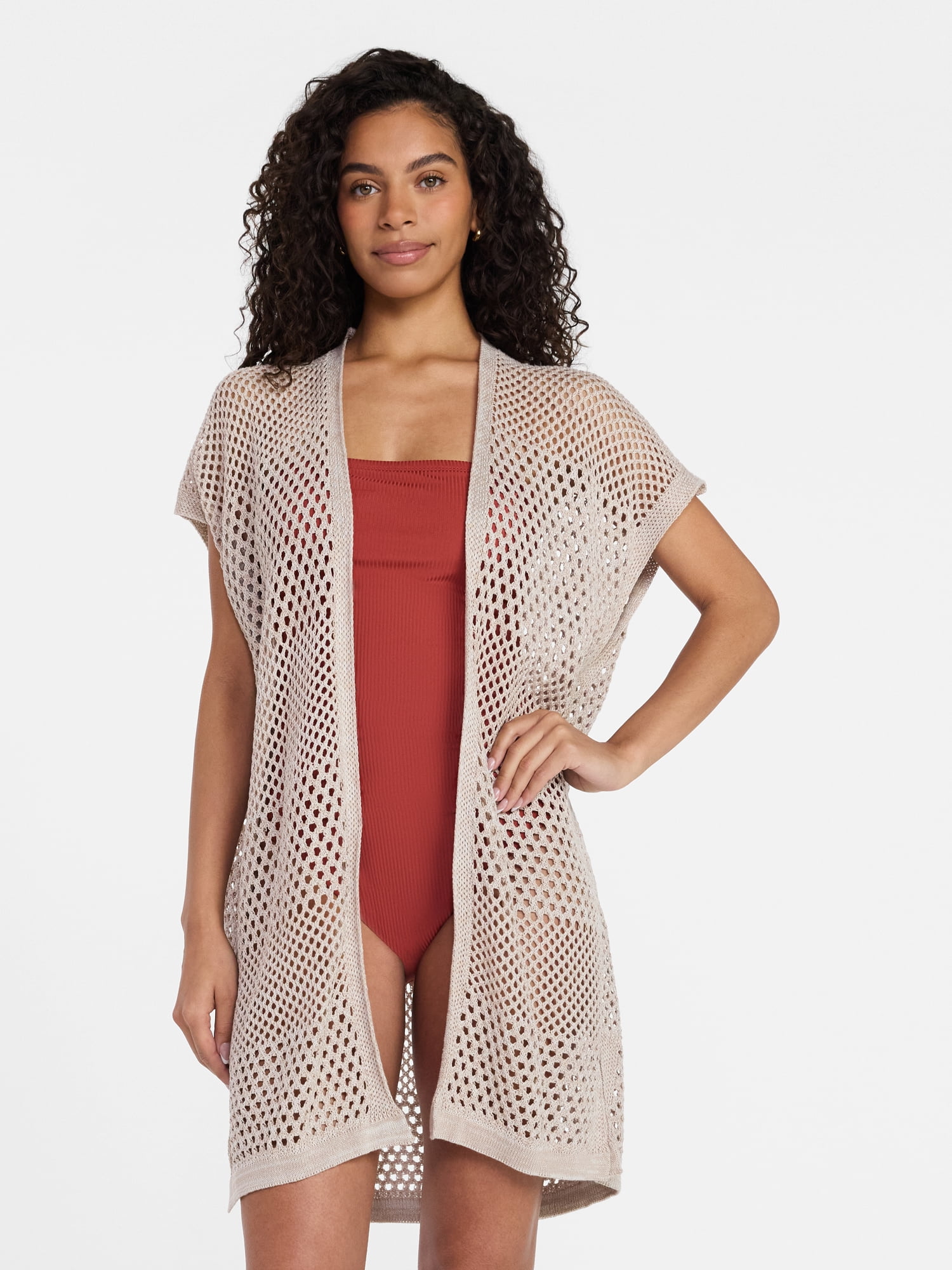 Time and Tru Women's Openwork Knit Coverup, Size XXL/XXXL, True Taupe/Khaki Safari