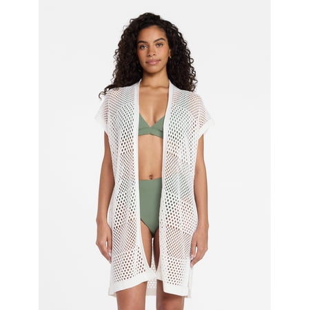 Time and Tru Women's Openwork Knit Coverup, Size L/XL, Winter White