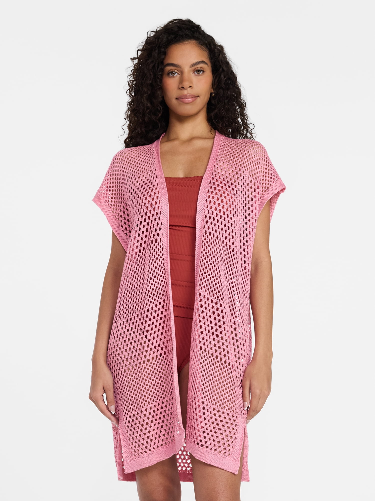 Time and Tru Women's Openwork Knit Swim Coverup, Pink Pottery, Summer Season, Size XXL-XXXL