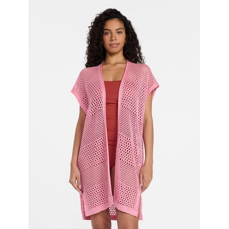 Time and Tru Women's Openwork Knit Swim Coverup, Pink Pottery, Summer Season, Size XXL-XXXL