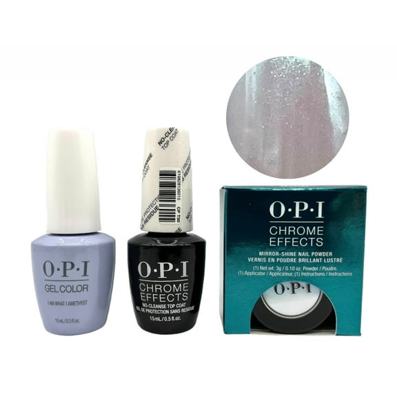 OPI Chrome Effects Gel Nail Polish Blue "Plate" Special Powder + GCT76 I Am What I Amethyst + No-Cleanse Top Coat Trio "Glazed Donut Nails"